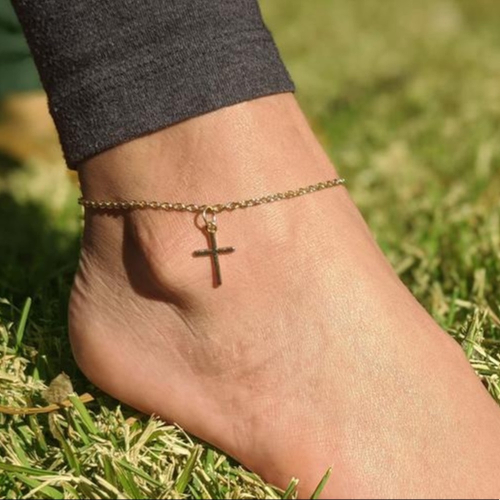 Set of 3 Light Gold Colored Cross Anklets